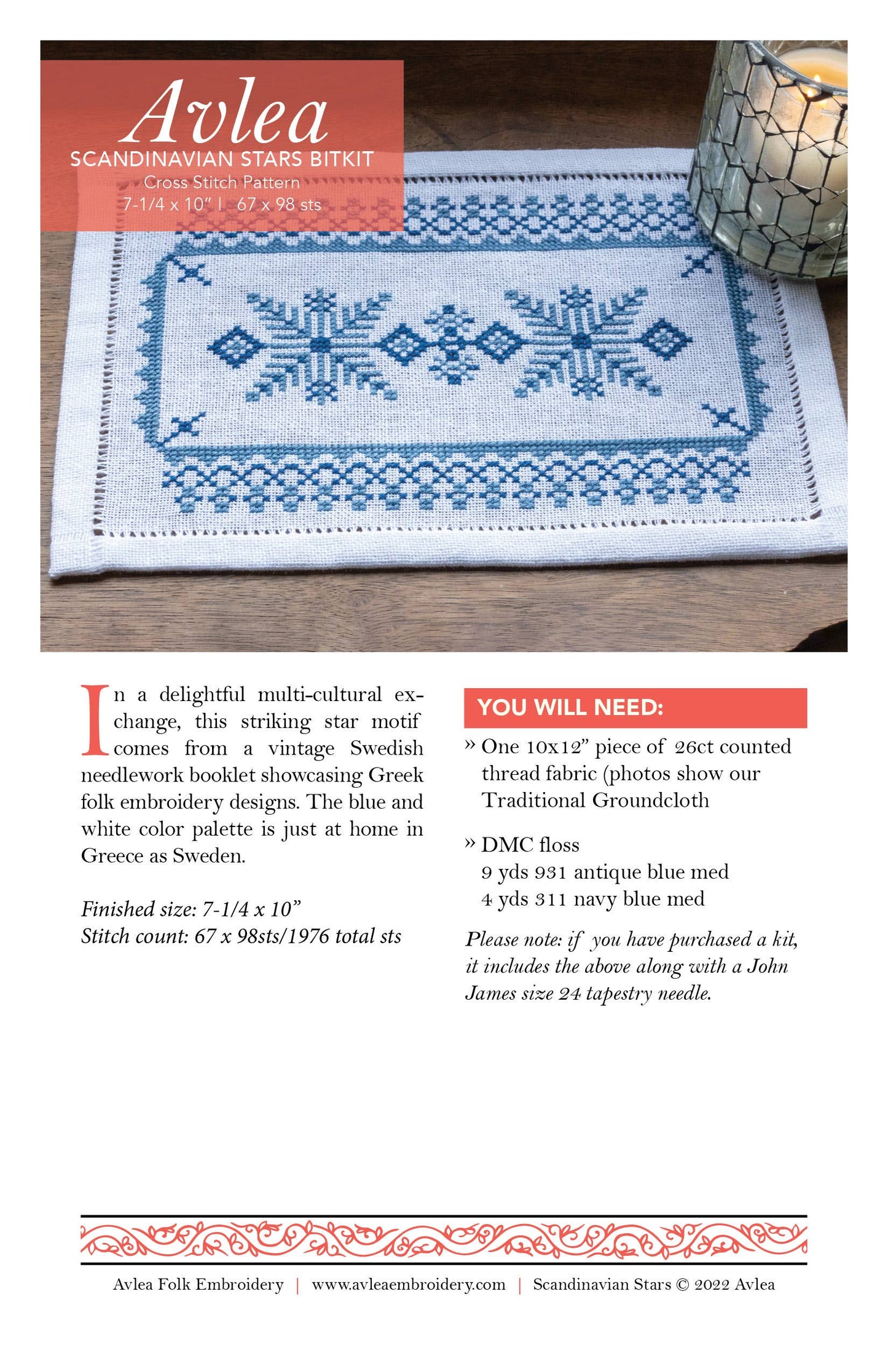 Scandinavian Stars BitKit Cross Stitch Kit - Avlea Folk Embroidery