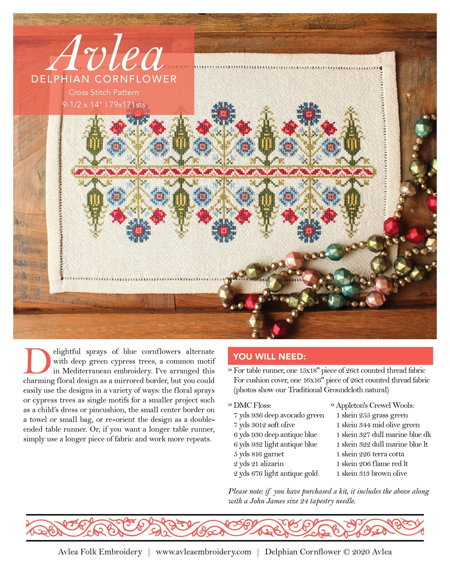 Delphian Cornflower Cross Stitch kit - Avlea Folk Embroidery