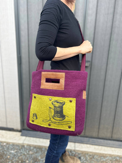 Fibres of Life Felt and Leather Tote Bag with Hand Printed Art Panel