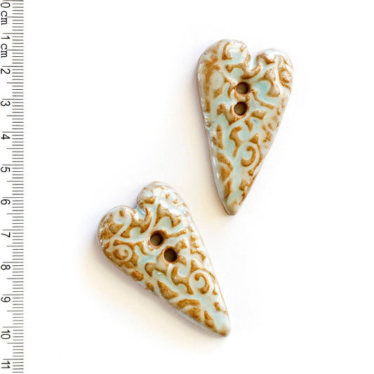 L480 Patterned Heart Sewing Buttons, Turquoise Terracotta Clay