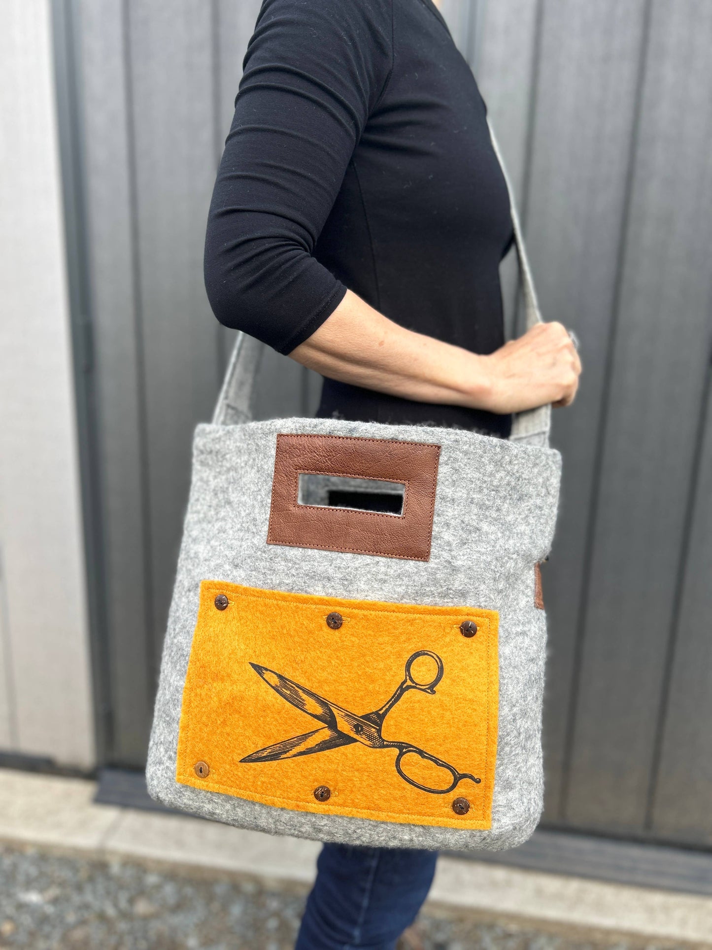 Fibres of Life Felt and Leather Tote Bag with Hand Printed Art Panel