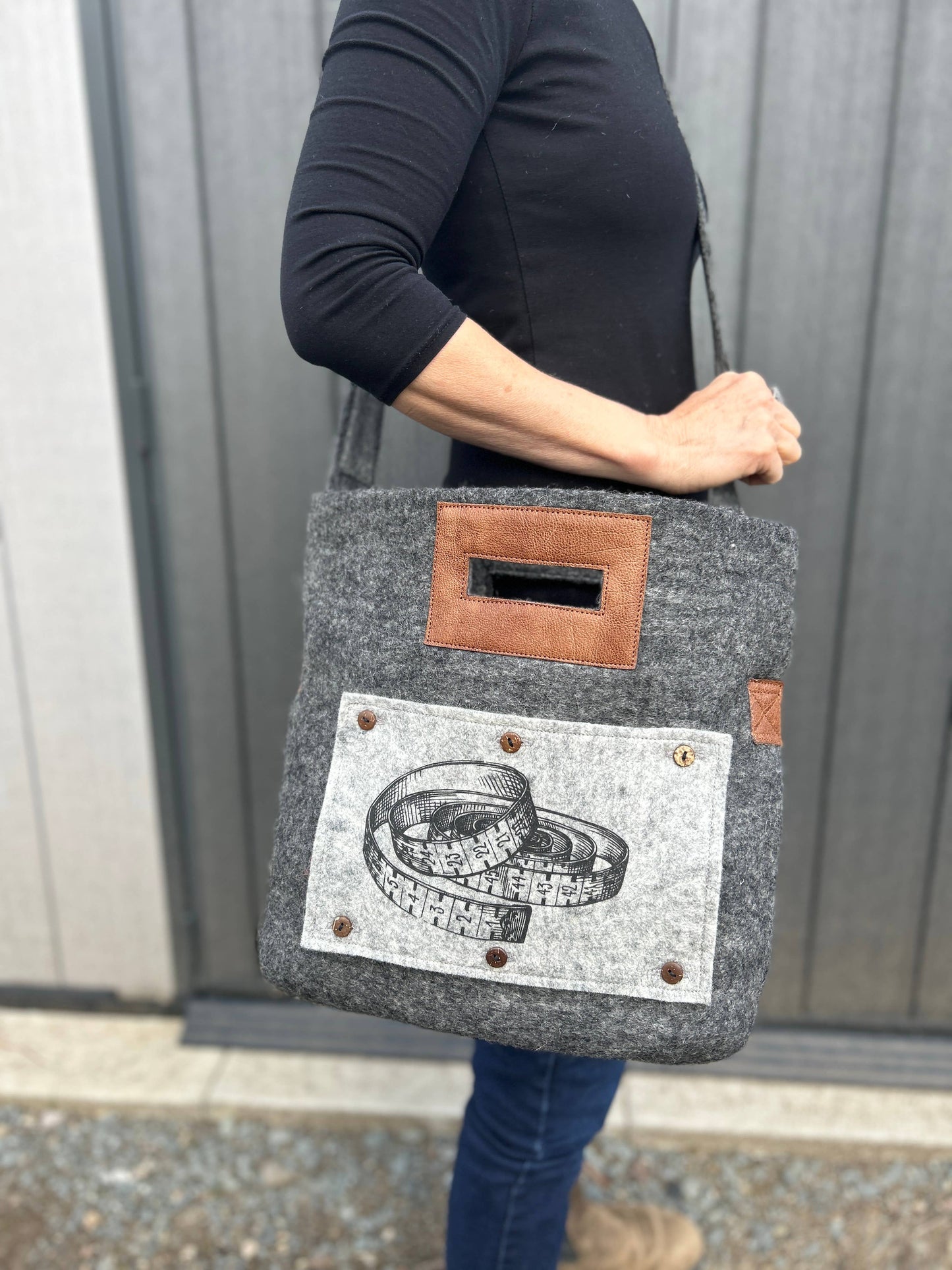 Fibres of Life Felt and Leather Tote Bag with Hand Printed Art Panel