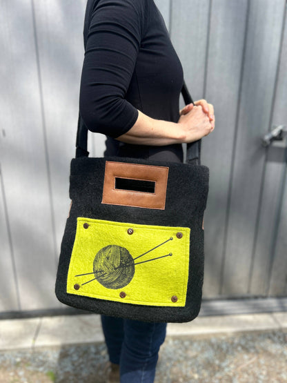 Fibres of Life Felt and Leather Tote Bag with Hand Printed Art Panel