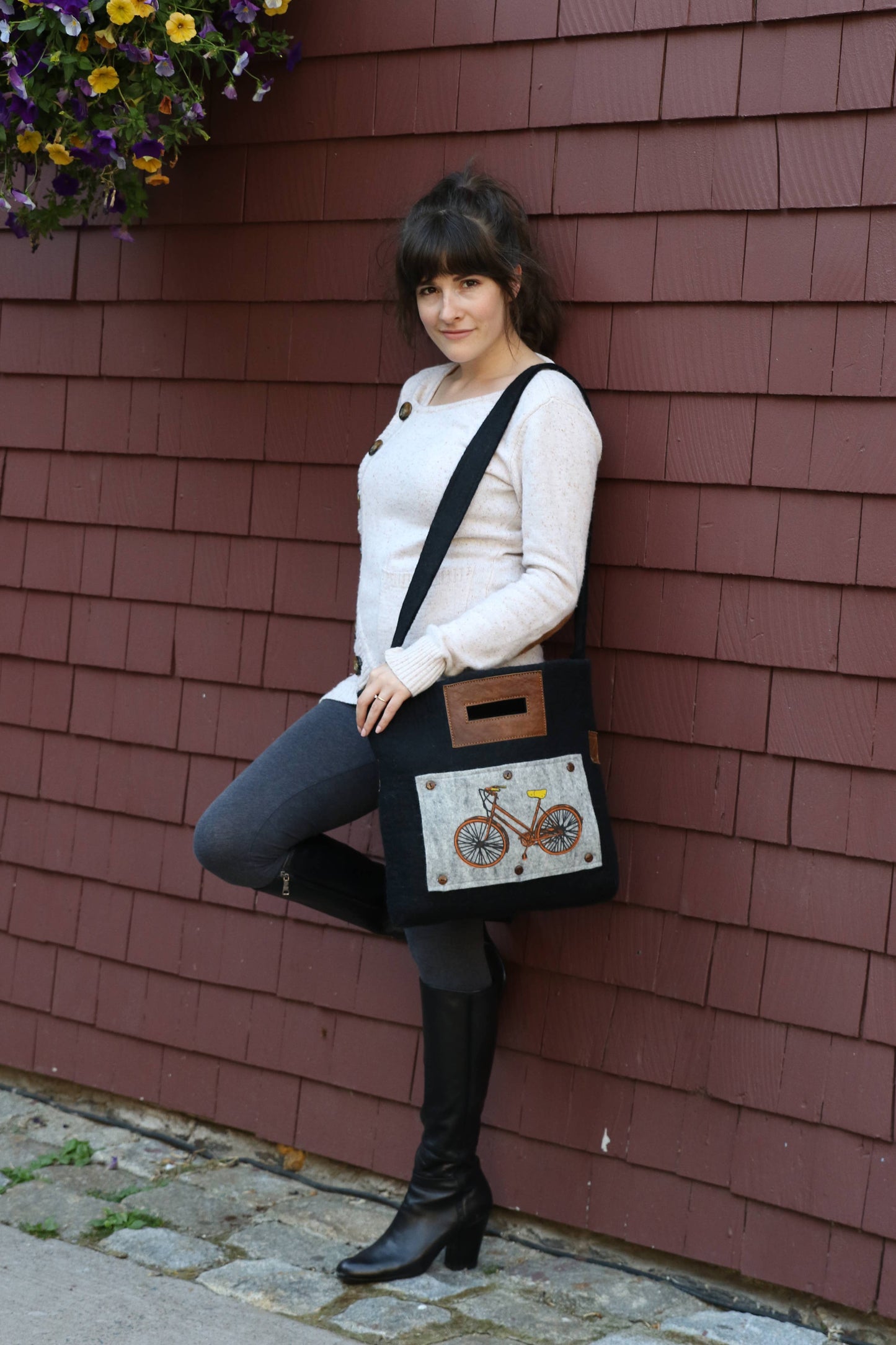 Fibres of Life Felt and Leather Tote Bag with Hand Printed Art Panel