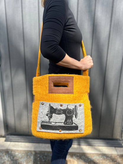 Fibres of Life Felt and Leather Tote Bag with Hand Printed Art Panel