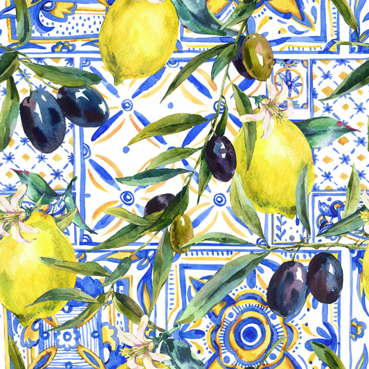 Swedish Dishcloth - Blue and White Tile with Lemons and Olives