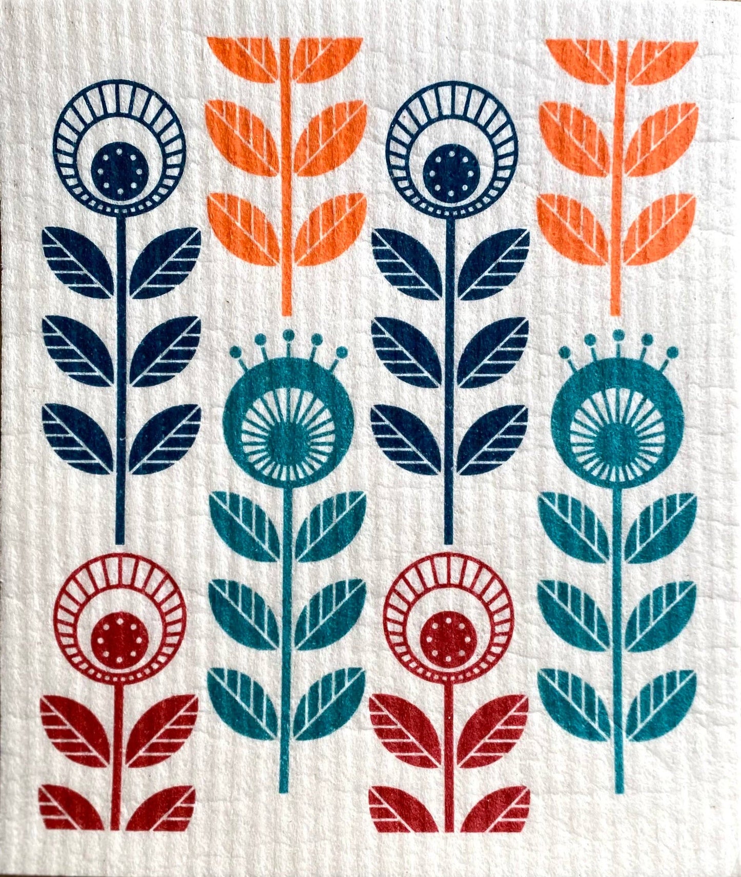 Swedish Dishcloth - Graphic Flowers Red, Blue, Orange, Teal